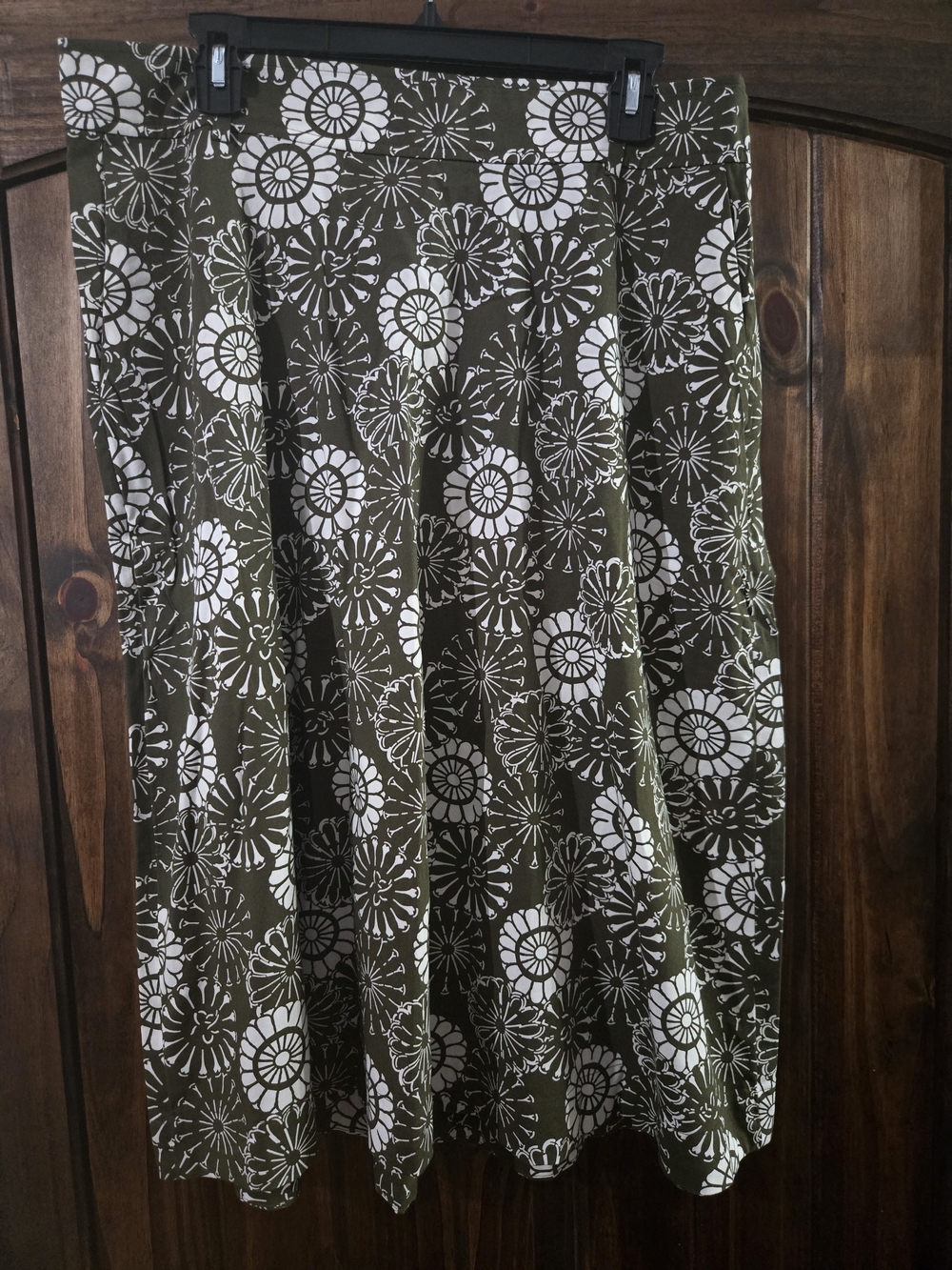LOFT Olive Green A-Line Midi Skirt with White Floral Print